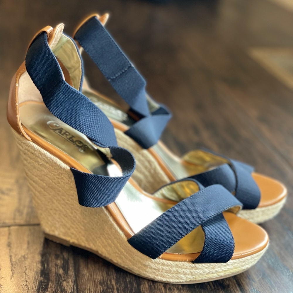 Women’s Navy and Tan Espadrilles.  Brand:  Carlos Santana.  Size:  7.5.